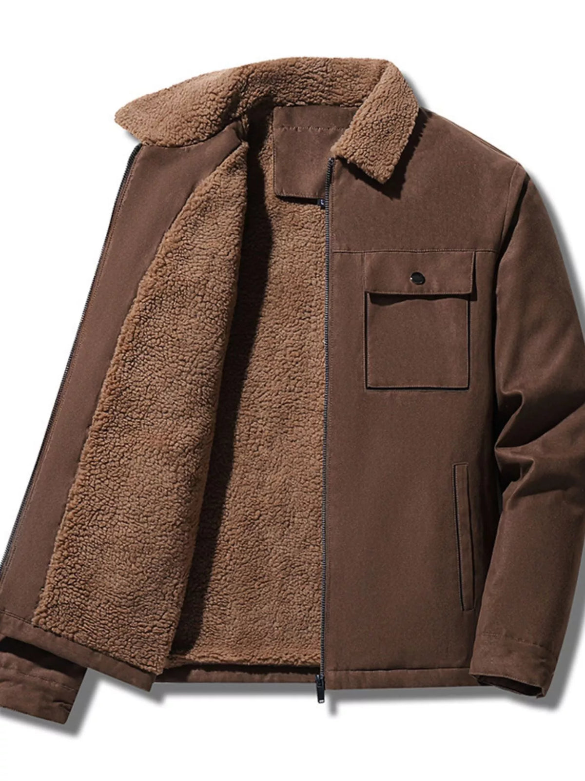Coffee utility jacket shown open with plush lining, zip front and chest pocket.