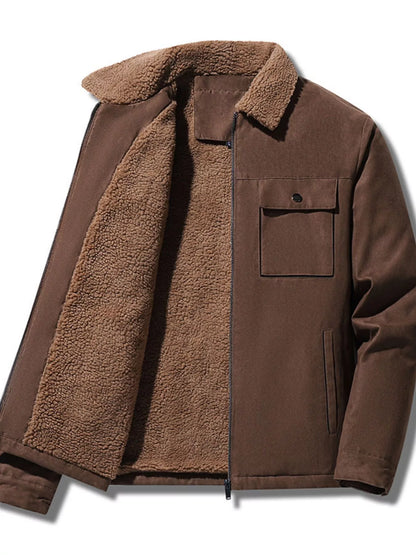 Coffee utility jacket shown open with plush lining, zip front and chest pocket.