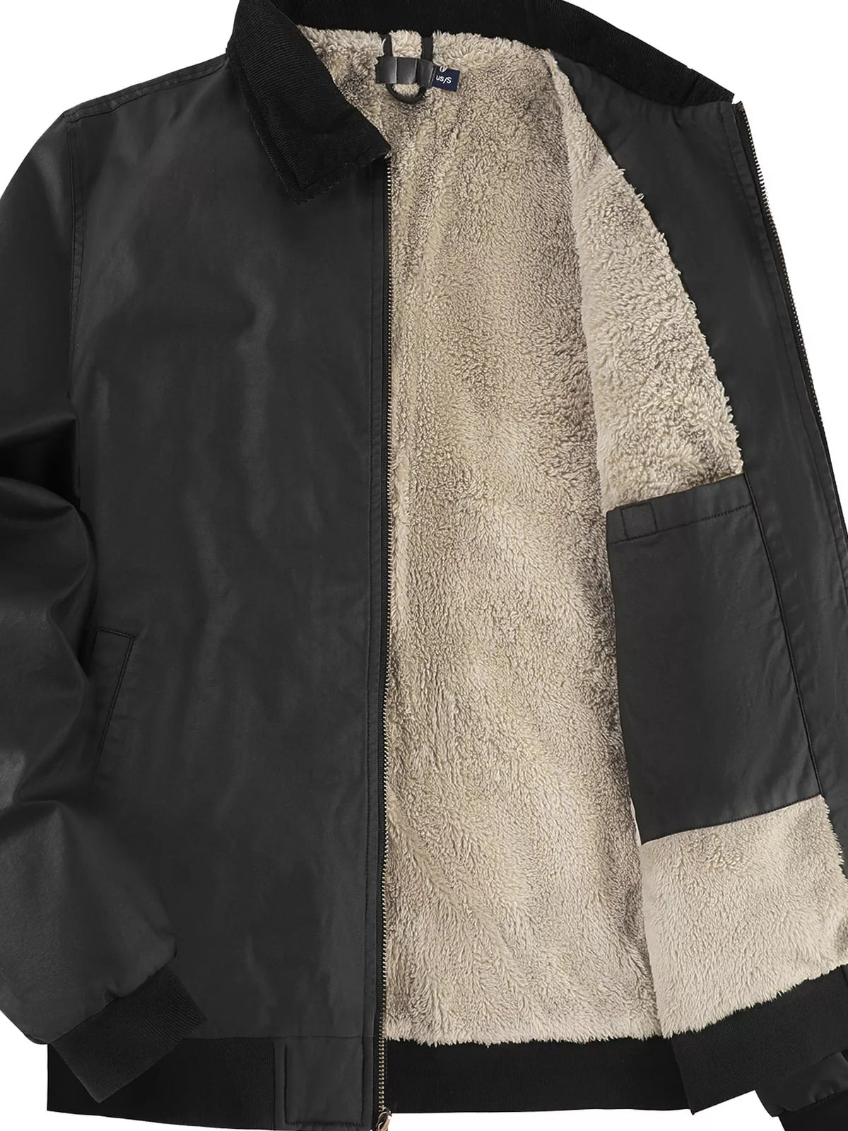 Black jacket opened to show the sherpa lining and inner pocket