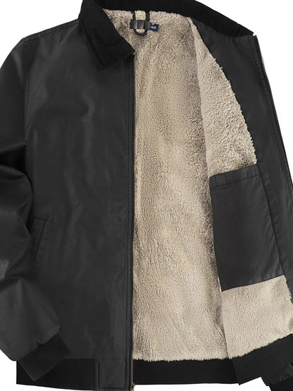 Black jacket opened to show the sherpa lining and inner pocket