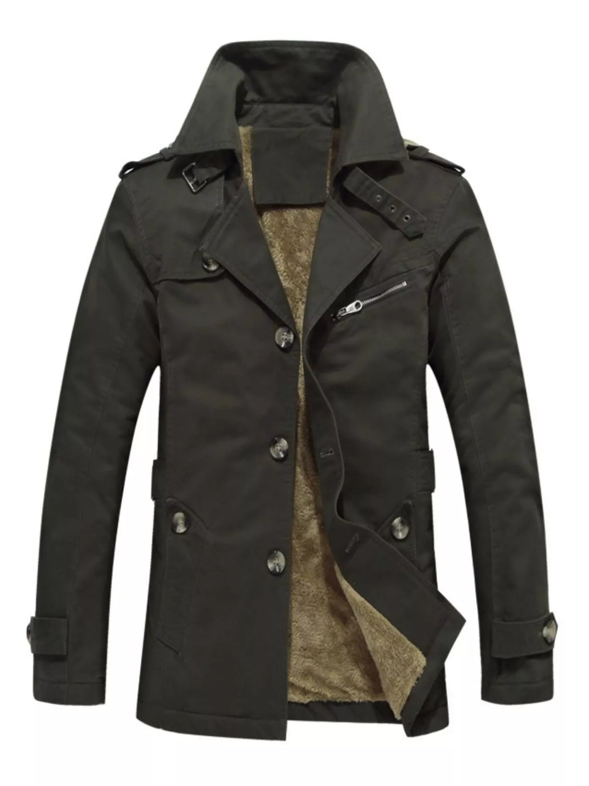 Green long-sleeve coat shown from the front, with a high collar, button front, pockets and a zippered chest detail.