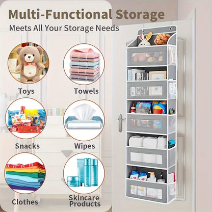 Grey five-tier organizer with examples of household contents; toys, clothes and toiletries are not included.