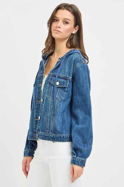Side view of the RISEN hooded denim jacket with front pockets