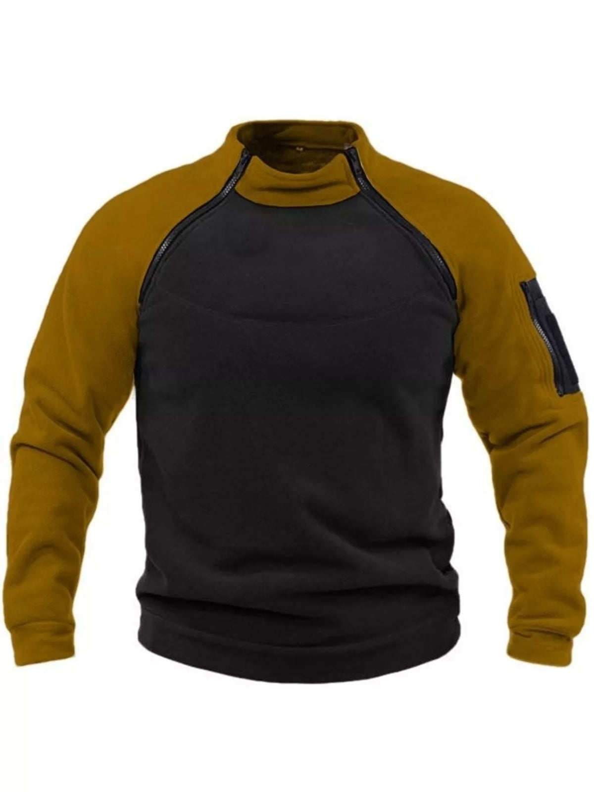 Colour-block fleece sweatshirt with brown shoulders and sleeves and a dark body.