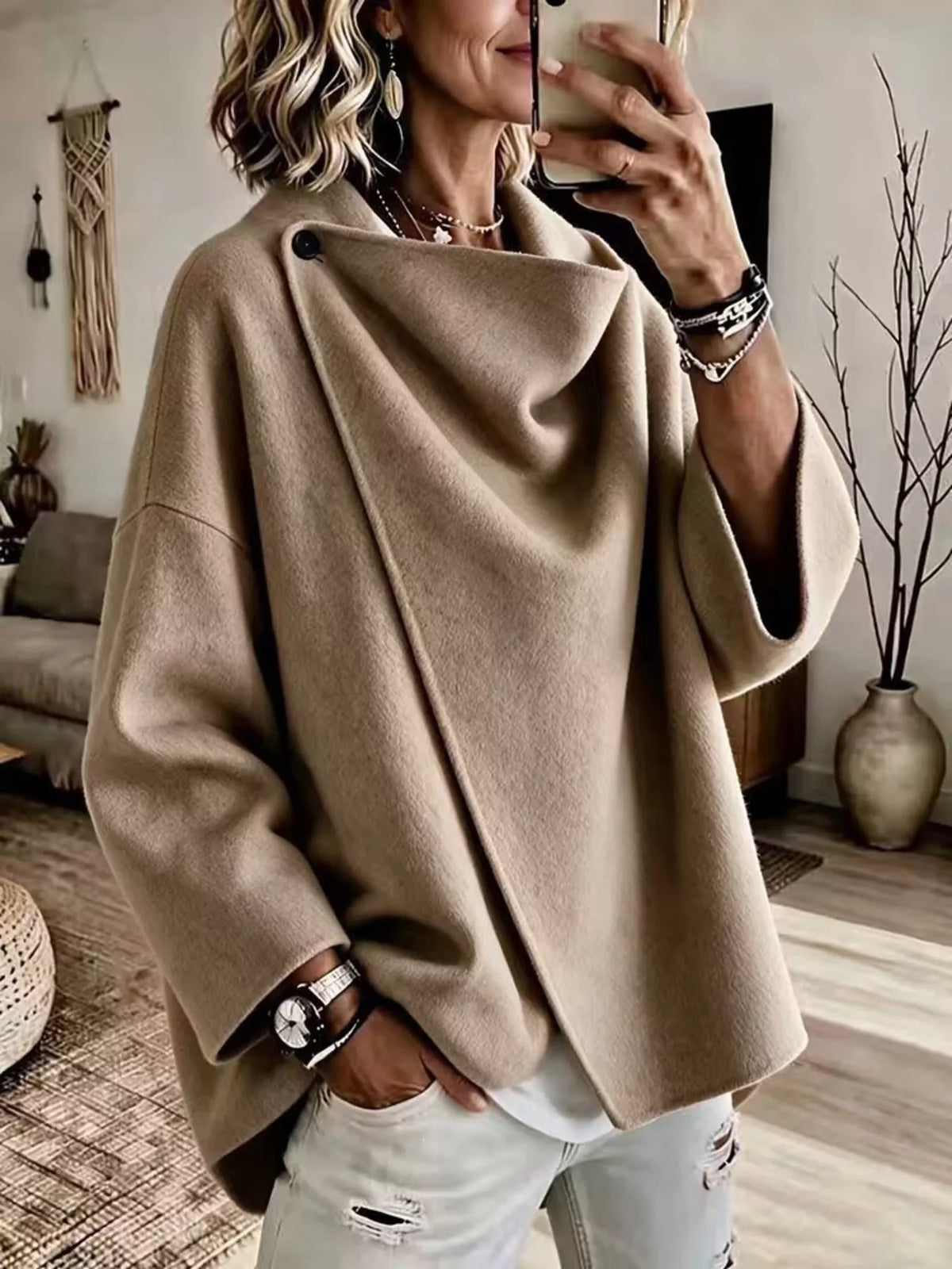 Khaki asymmetric cowl-neck cape, modeled front view; one cape included