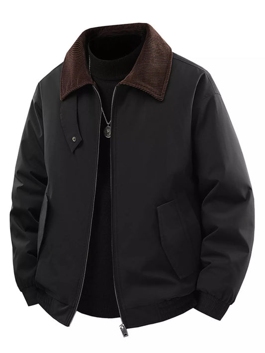 Black zip-front jacket with contrasting brown corduroy collar, styled front view; underlayer and necklace not included
