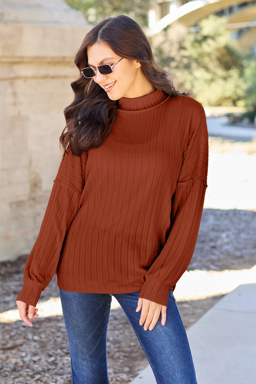 Basic Bae ribbed mock-neck long-sleeve knit top in Rust, front view; top only.