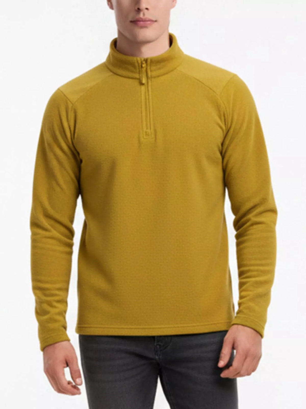 Mustard half-zip sweatshirt on a model, cropped front view; sweatshirt only