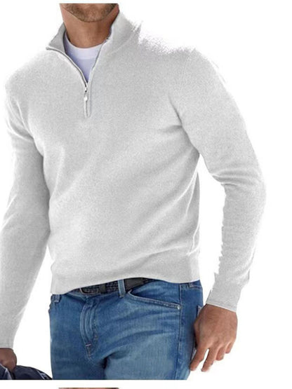 Men's White quarter-zip long-sleeve sweater, front view; sweater only.