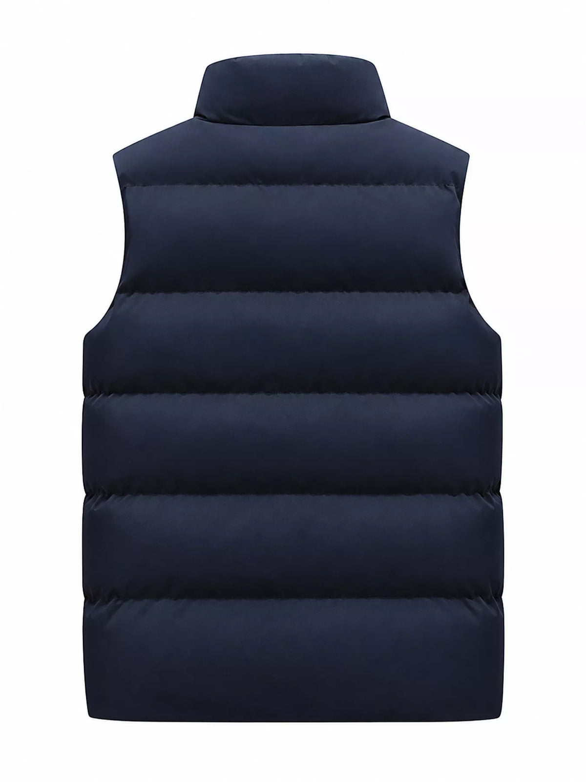 Blue men's lightweight zip-up puffer vest — back view