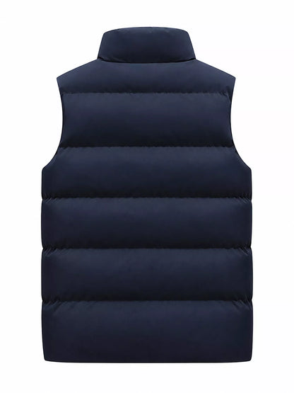 Blue men's lightweight zip-up puffer vest — back view
