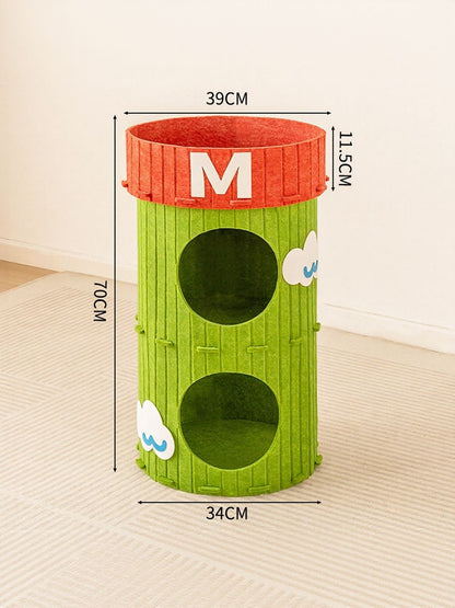 Barrel-shaped cat house with supplier measurement labels