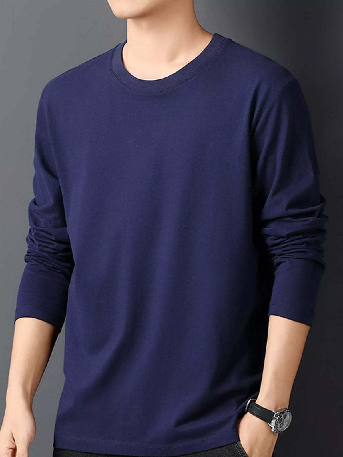 Navy men's cotton long-sleeve crewneck tee, front view.