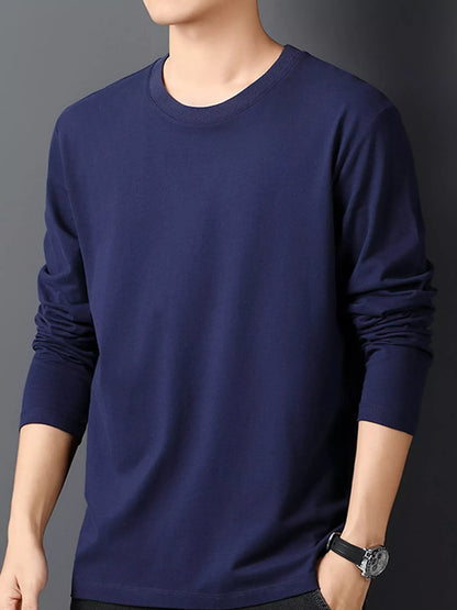 Navy men's cotton long-sleeve crewneck tee, front view.