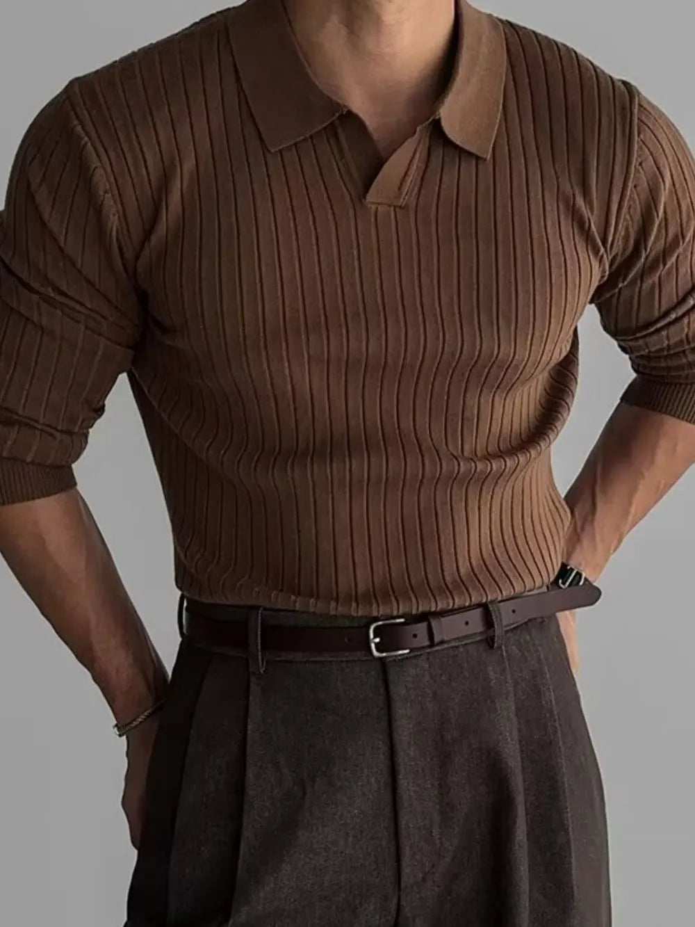 Brown ribbed polo, closer front view; polo shirt only.