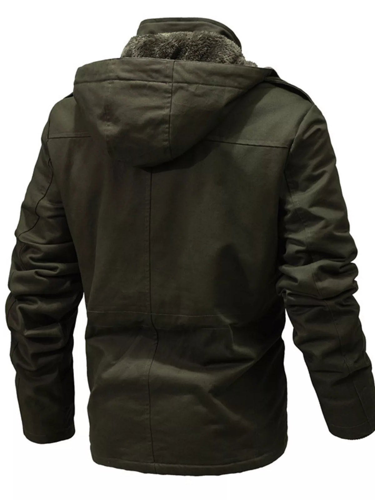 Back of the Army Green jacket showing the hood, long sleeves and centre seam.