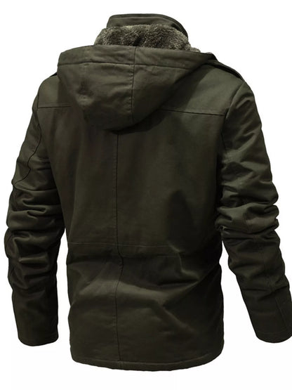 Back of the Army Green jacket showing the hood, long sleeves and centre seam.