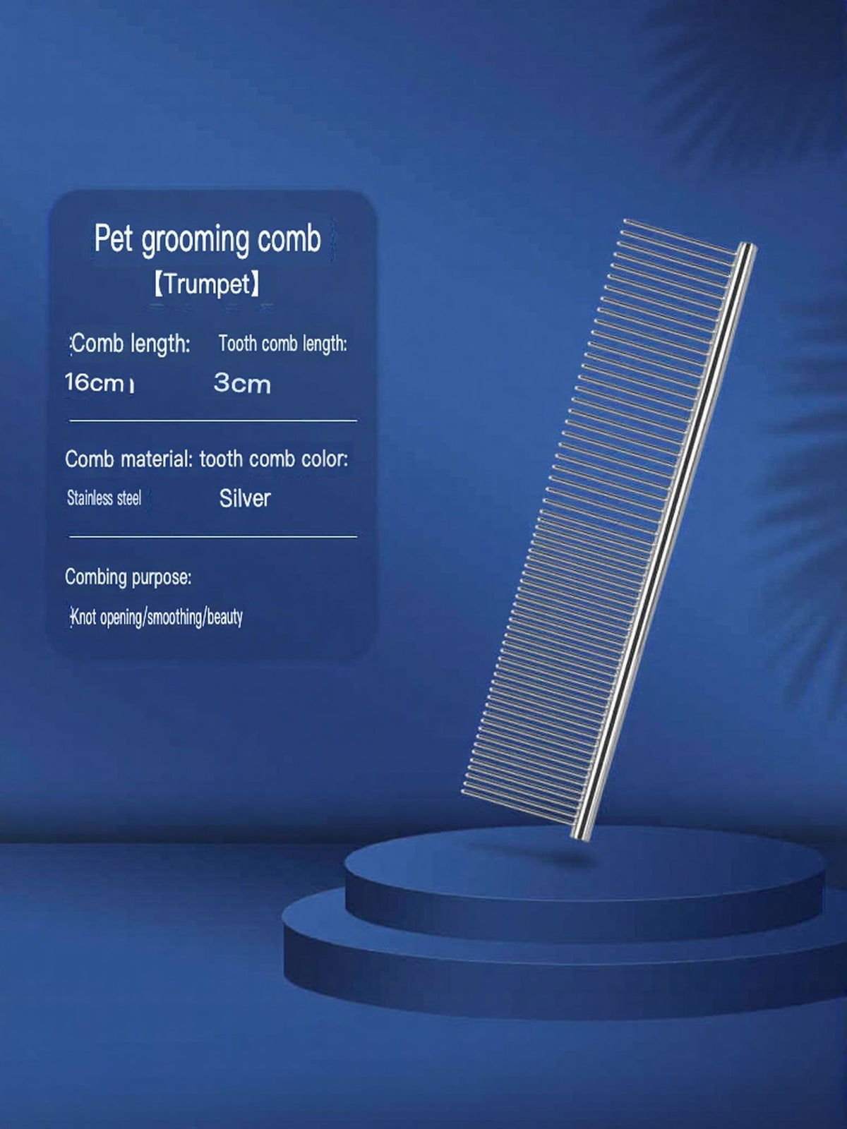 Small stainless-steel pet comb with supplier dimensions: 16 cm long and 3 cm teeth.