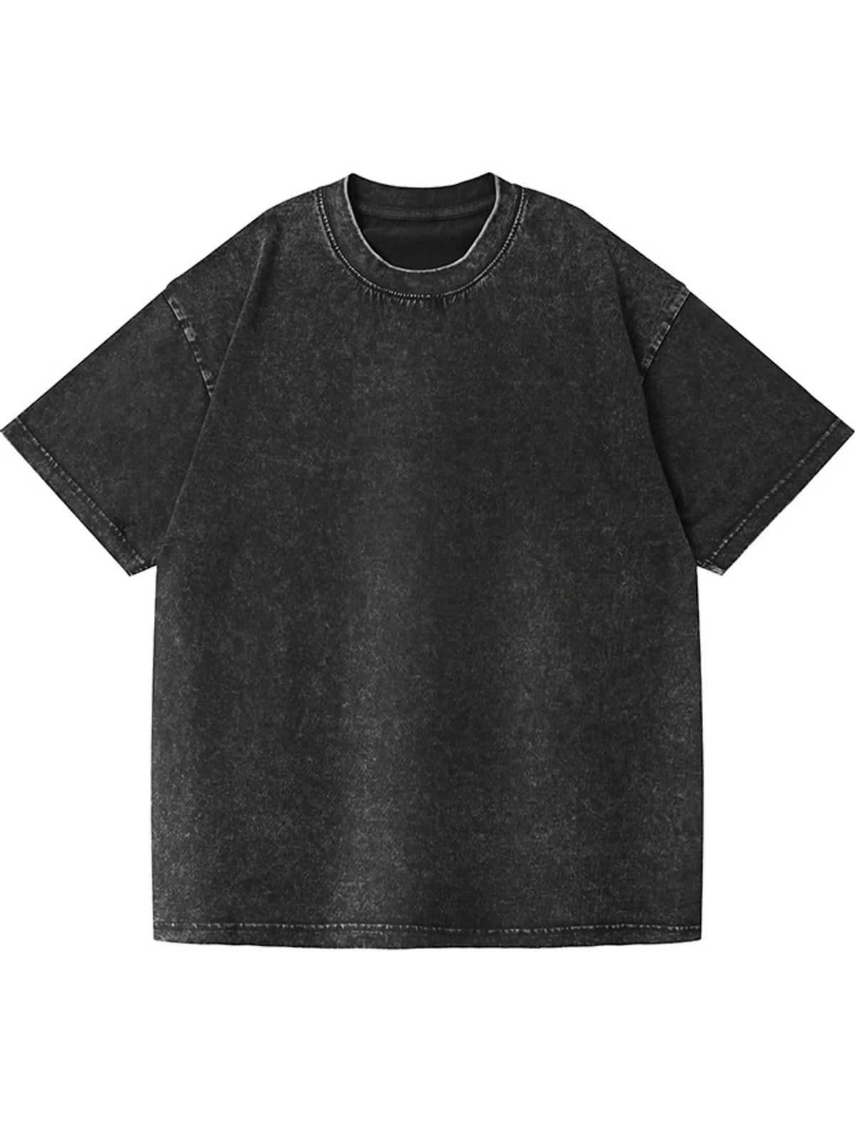 Black acid-wash oversized crewneck short-sleeve T-shirt, front view. One shirt only.