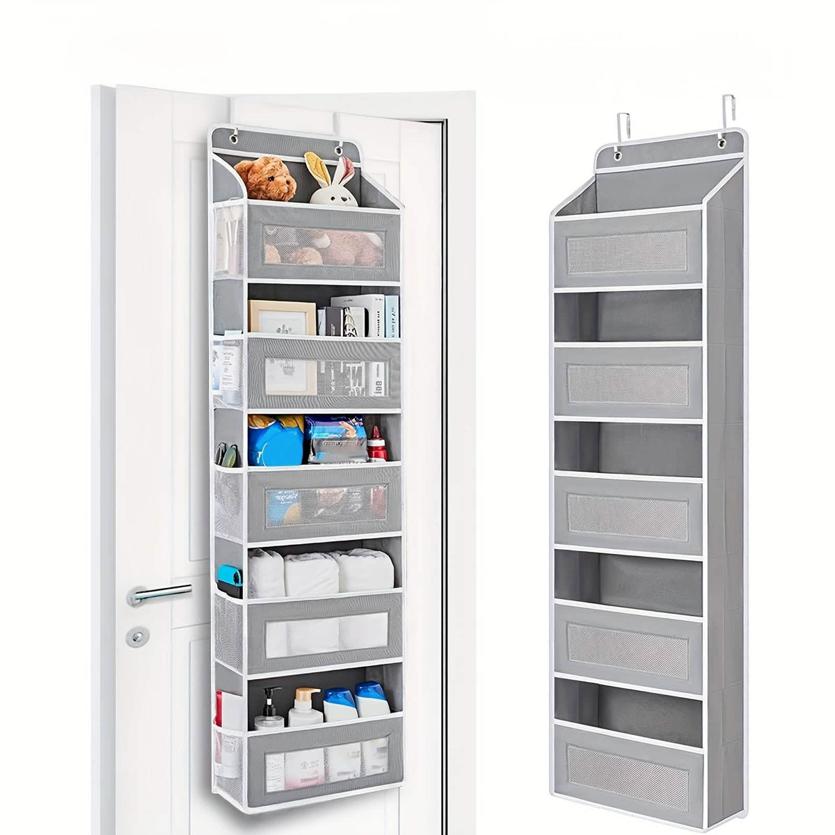 One grey five-tier over-door organizer shown filled and empty; two views of the same product, not a two-pack. Contents are not included.