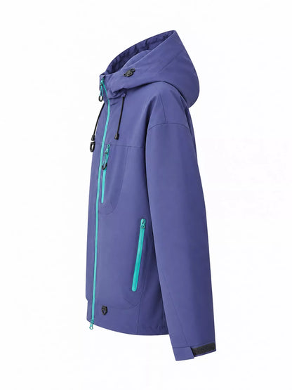 Purple men's hooded multi-pocket zip jacket — side view