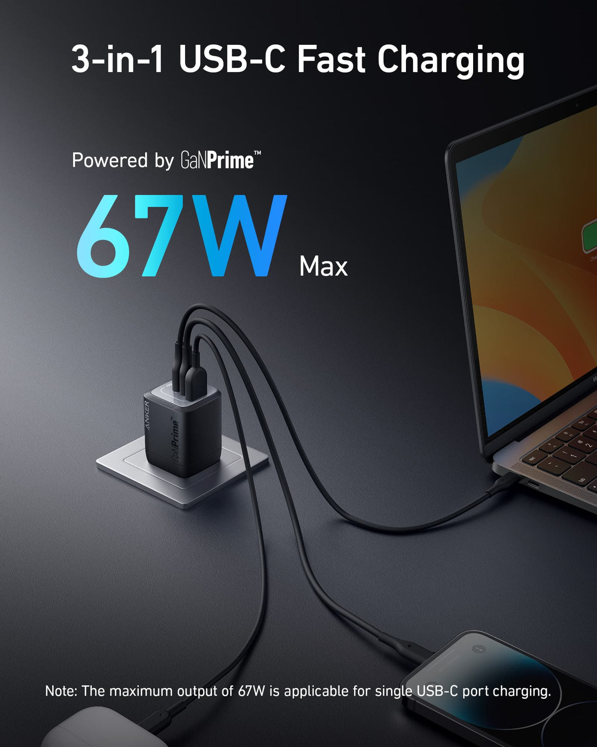 Anker Prime 67W charger connected to a laptop and phone; charging cables and devices are not included.