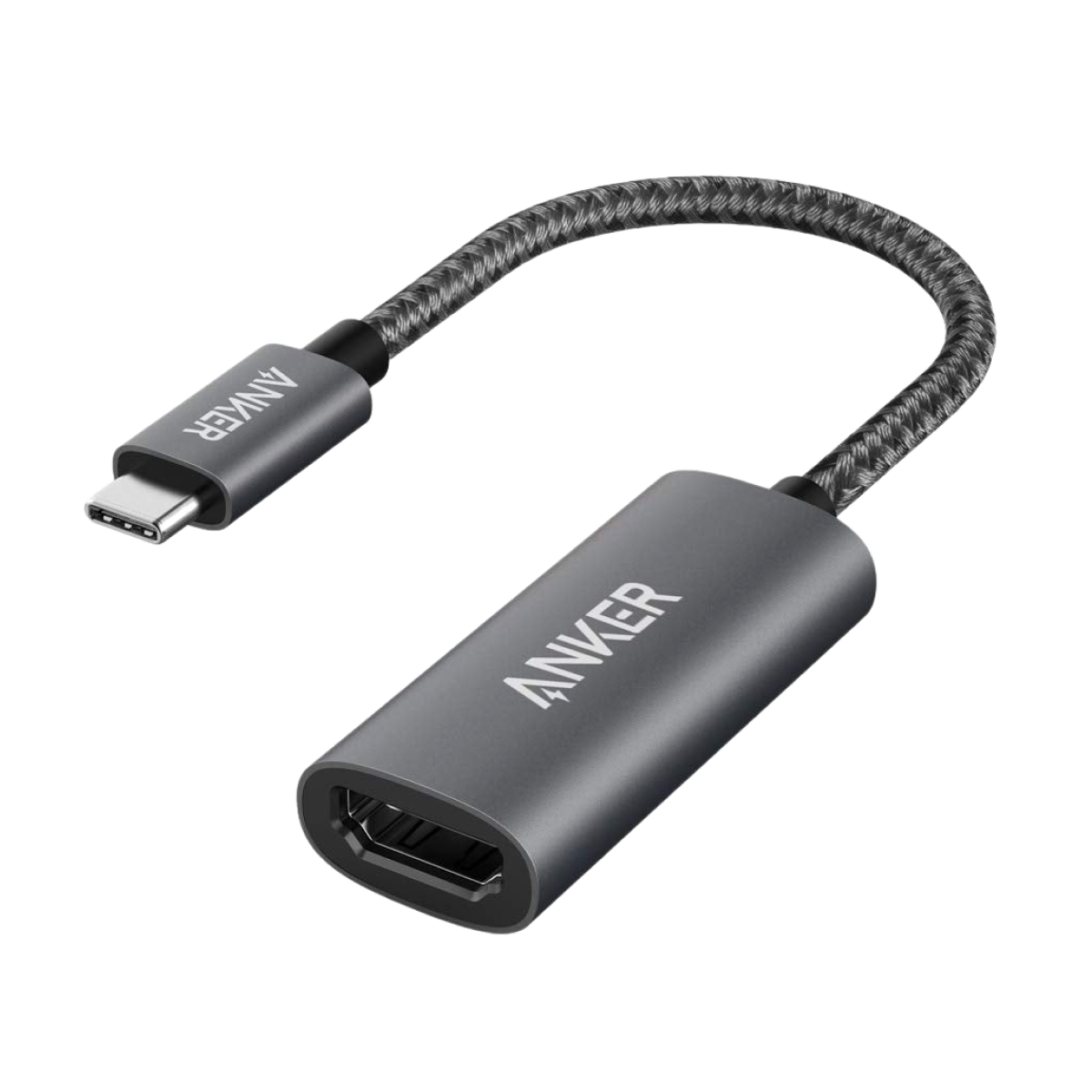 Black Anker 310 USB-C to HDMI adapter with a short braided cable and HDMI port.