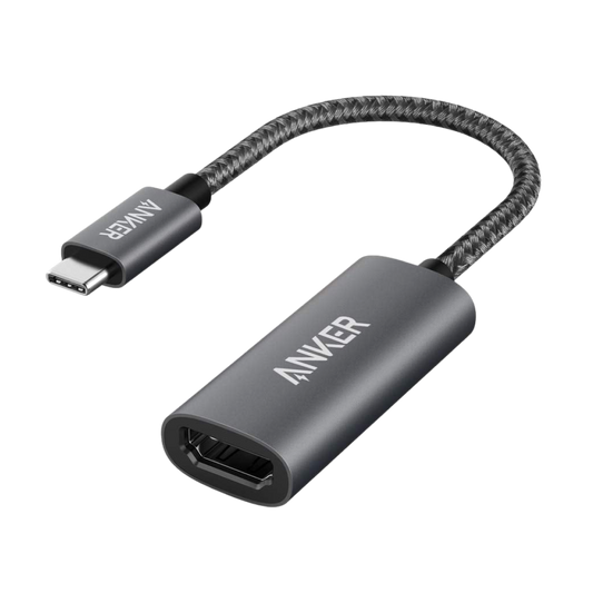 Black Anker 310 USB-C to HDMI adapter with a short braided cable and HDMI port.