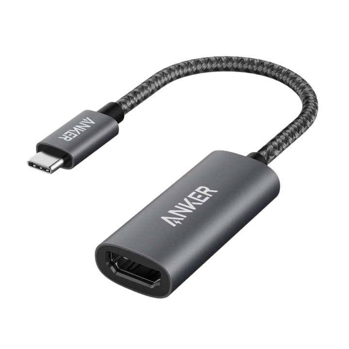 Black Anker 310 USB-C to HDMI adapter with a short braided cable and HDMI port.