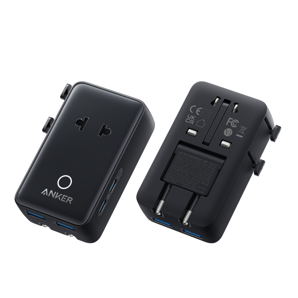 Two views of one black Anker Nano travel adapter; one adapter included.