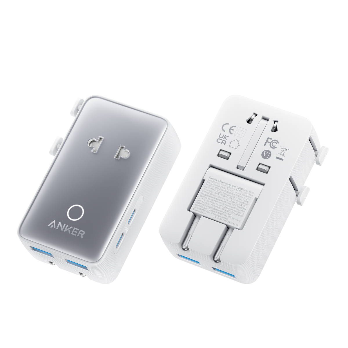 Two views of one white Anker Nano travel adapter; one adapter included.
