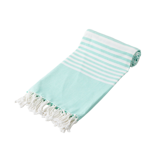 Aqua striped cotton towel folded on a plain background; one towel is included.