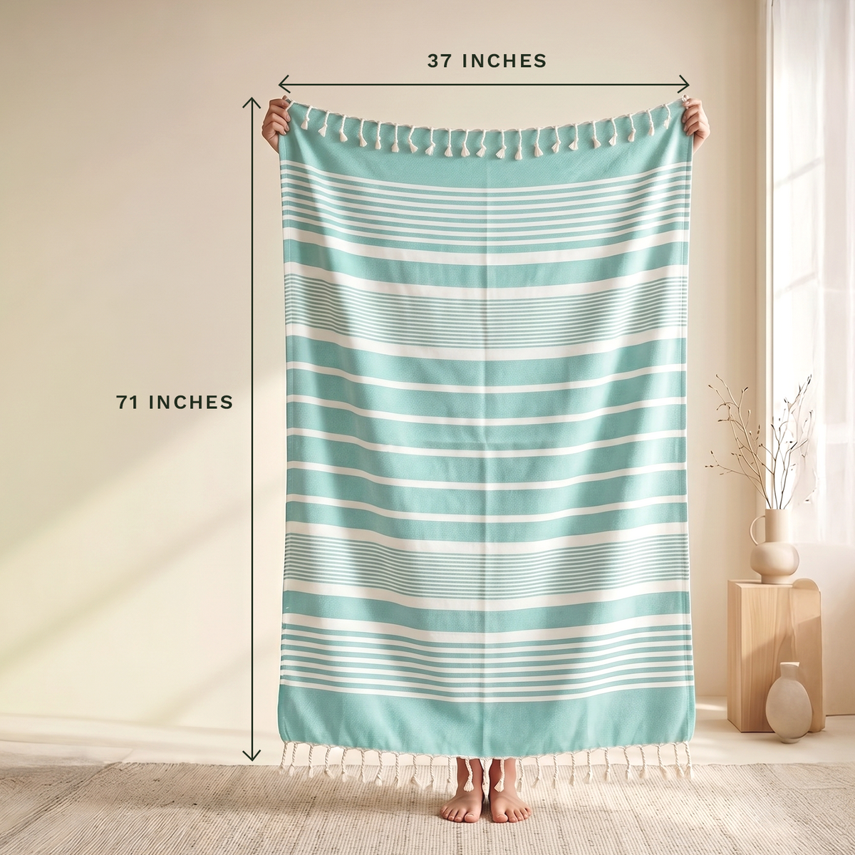 Aqua striped cotton towel showing approximate 71 by 37 inch dimensions; one towel is included.