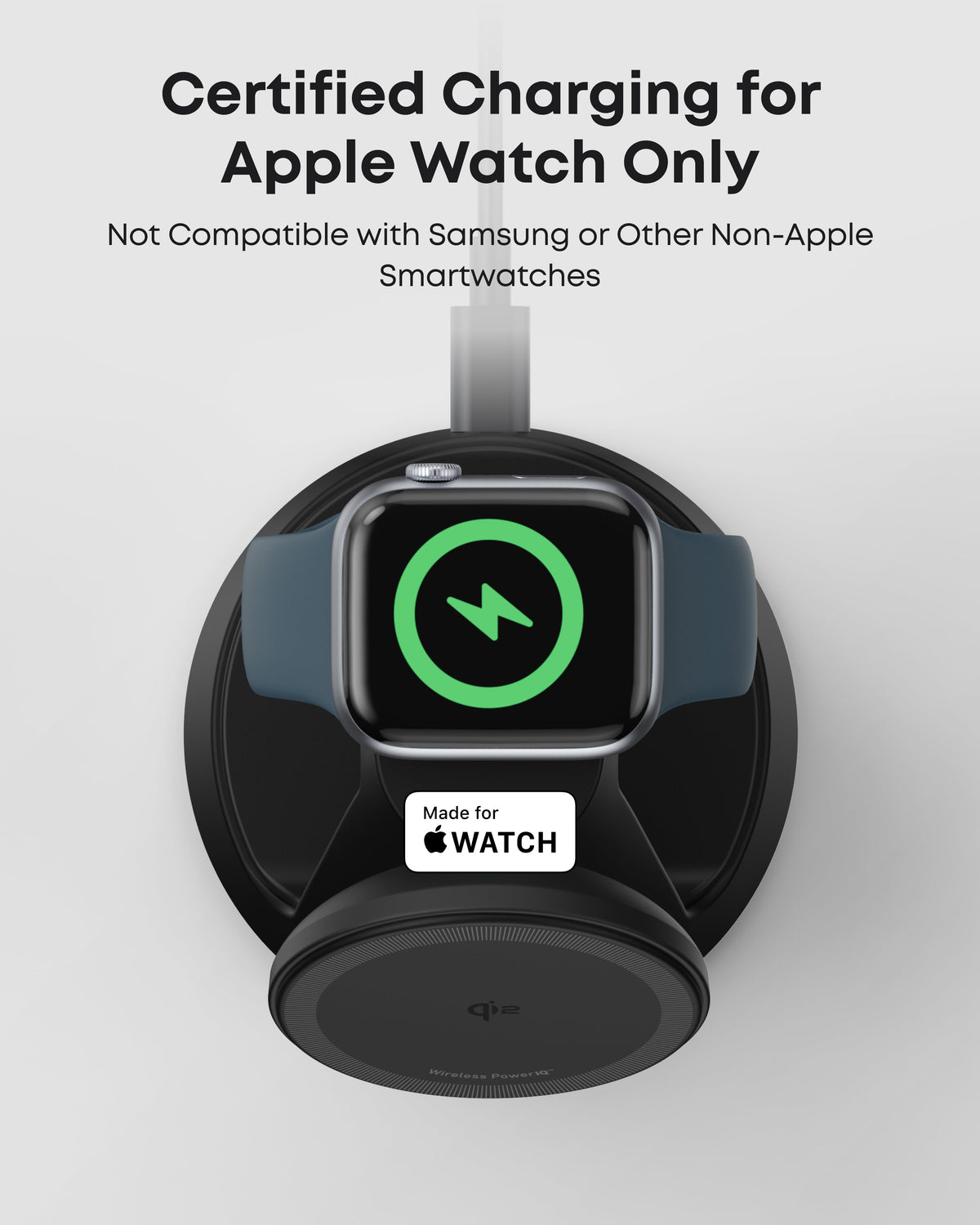 Black Anker MagGo Apple Watch charging pad; graphic states watch charging is for Apple Watch only, not Samsung or other non-Apple smartwatches.