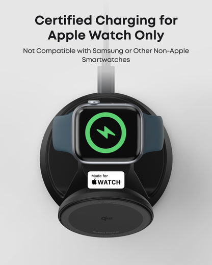 Black Anker MagGo Apple Watch charging pad; graphic states watch charging is for Apple Watch only, not Samsung or other non-Apple smartwatches.