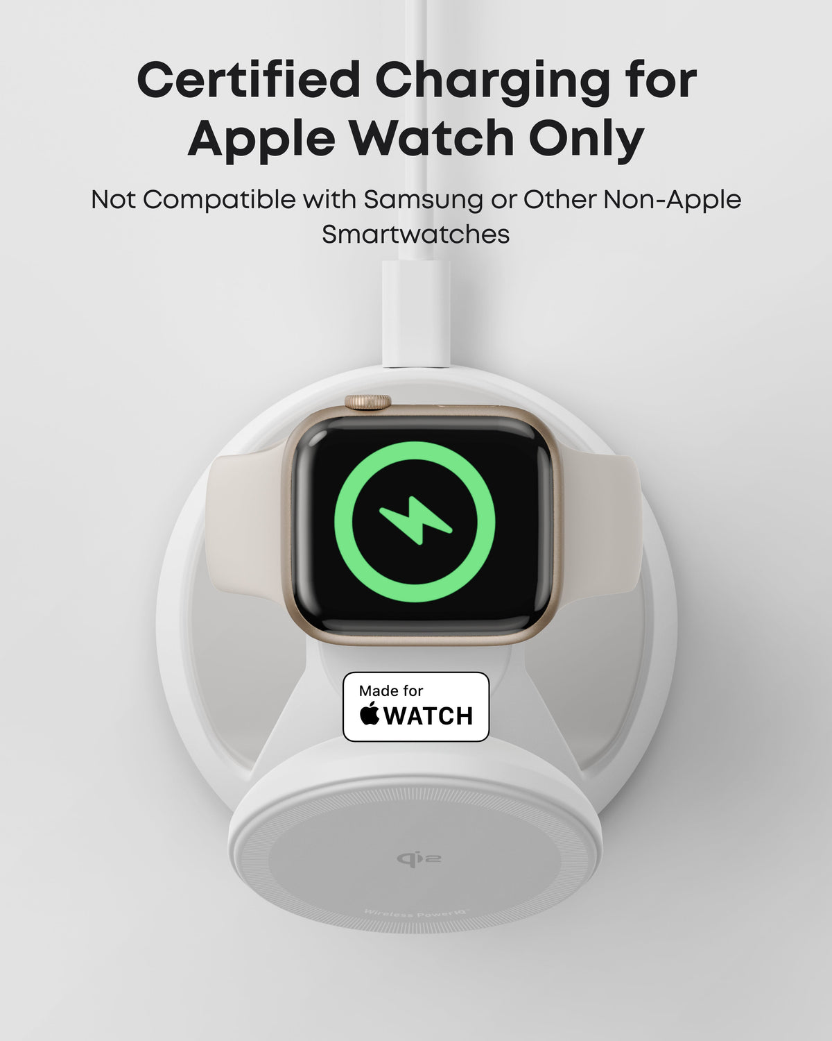Aurora White Anker MagGo Apple Watch charging pad; graphic states watch charging is for Apple Watch only, not Samsung or other non-Apple smartwatches.