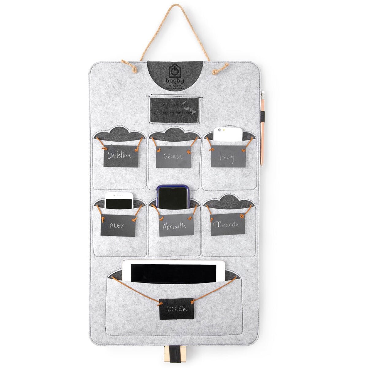 Bagby FAMILY gray and charcoal hanging organizer with six phone pockets and one tablet pocket