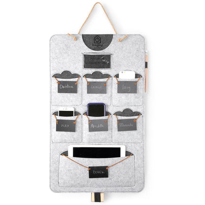 Bagby FAMILY gray and charcoal hanging organizer with six phone pockets and one tablet pocket