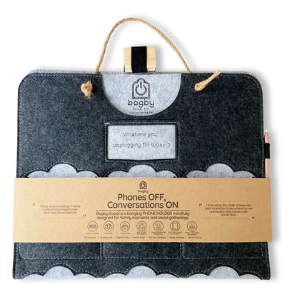 Folded Bagby FAMILY charcoal and gray organizer in original paper sleeve