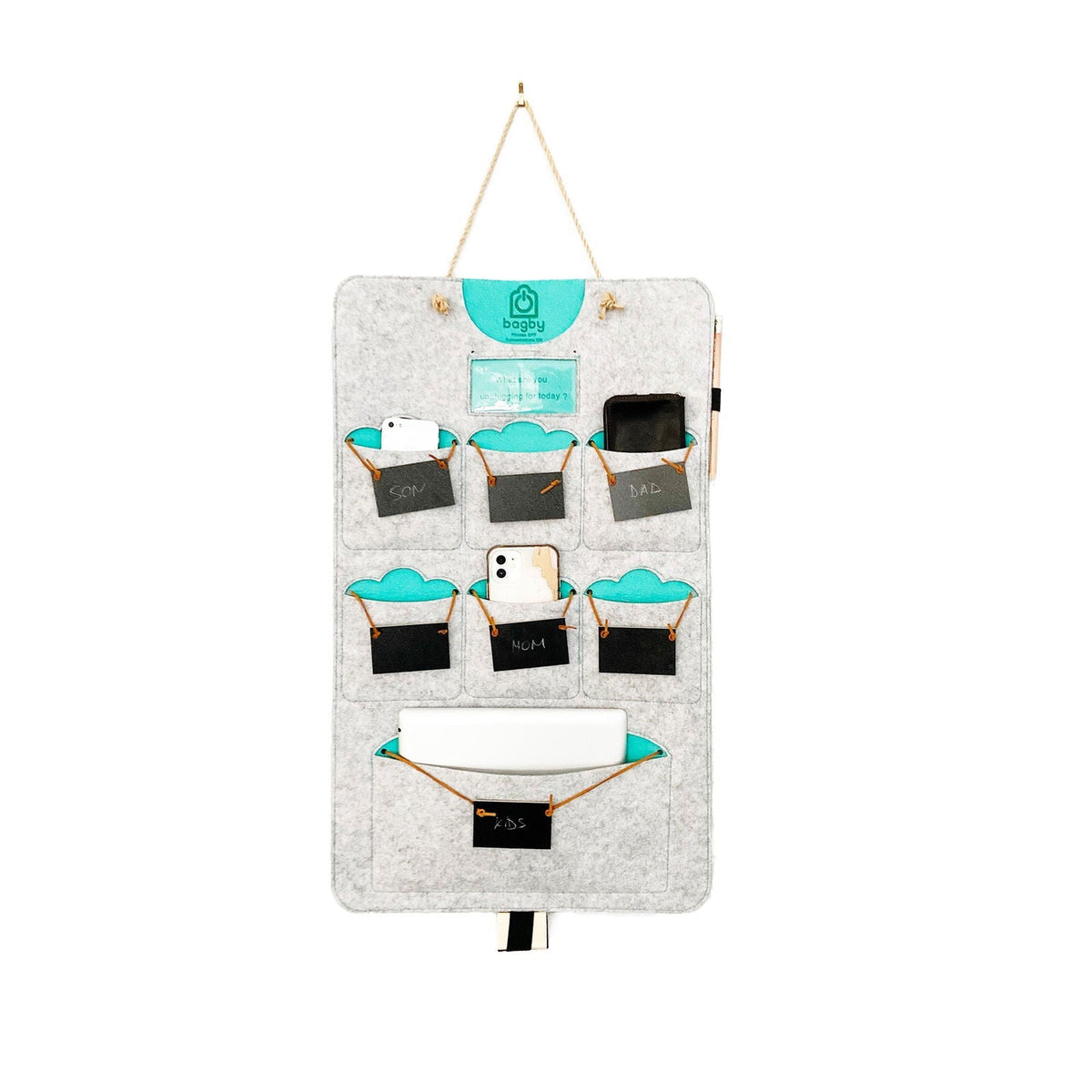 Bagby FAMILY gray and teal hanging organizer, front view