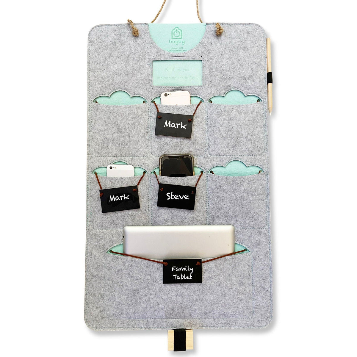 Bagby FAMILY gray and mint hanging organizer, front view