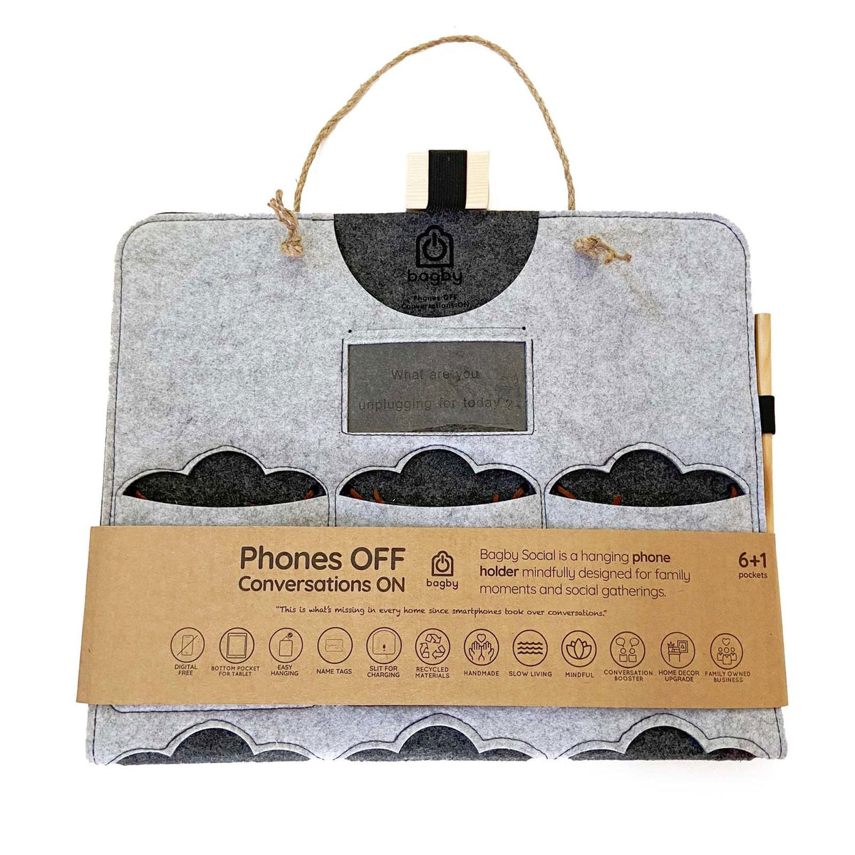 Folded Bagby FAMILY gray and charcoal organizer in original sleeve