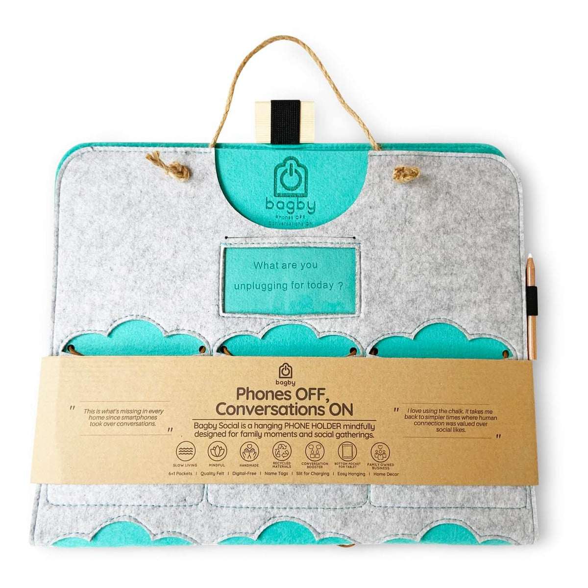 Folded Bagby FAMILY gray and teal organizer in original sleeve