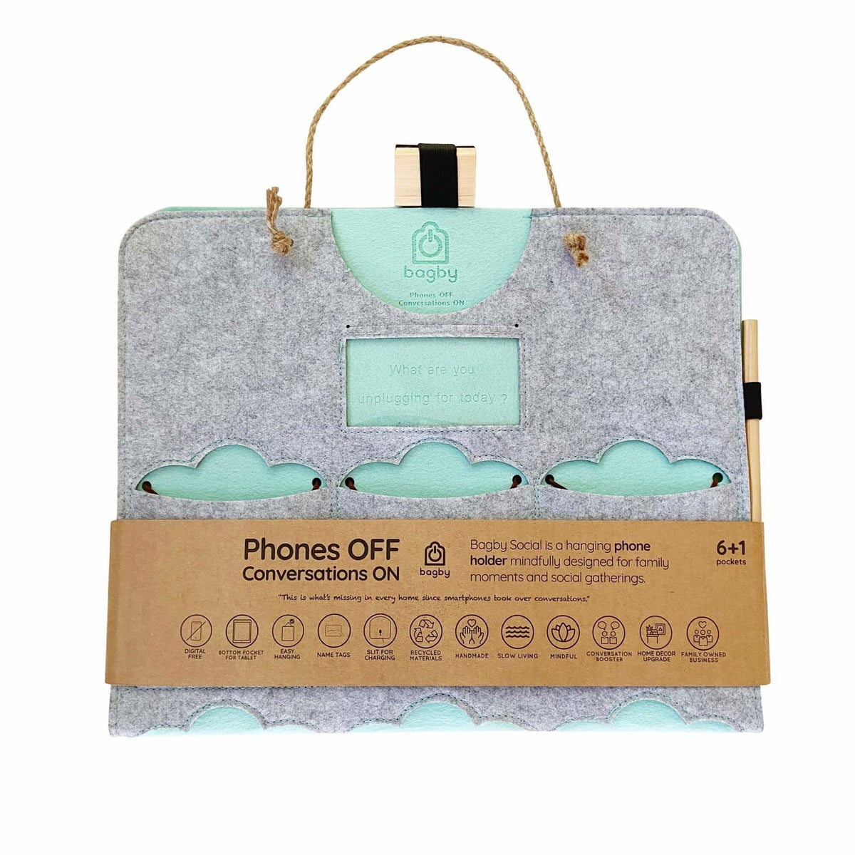 Folded Bagby FAMILY gray and mint organizer in original sleeve