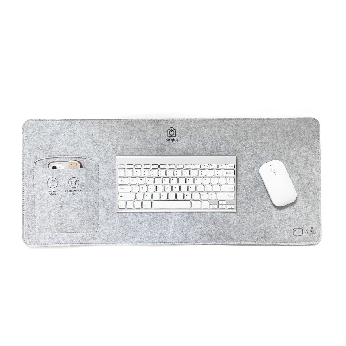 Bagby MAT gray felt desk pad with phone pocket, keyboard and mouse shown for scale