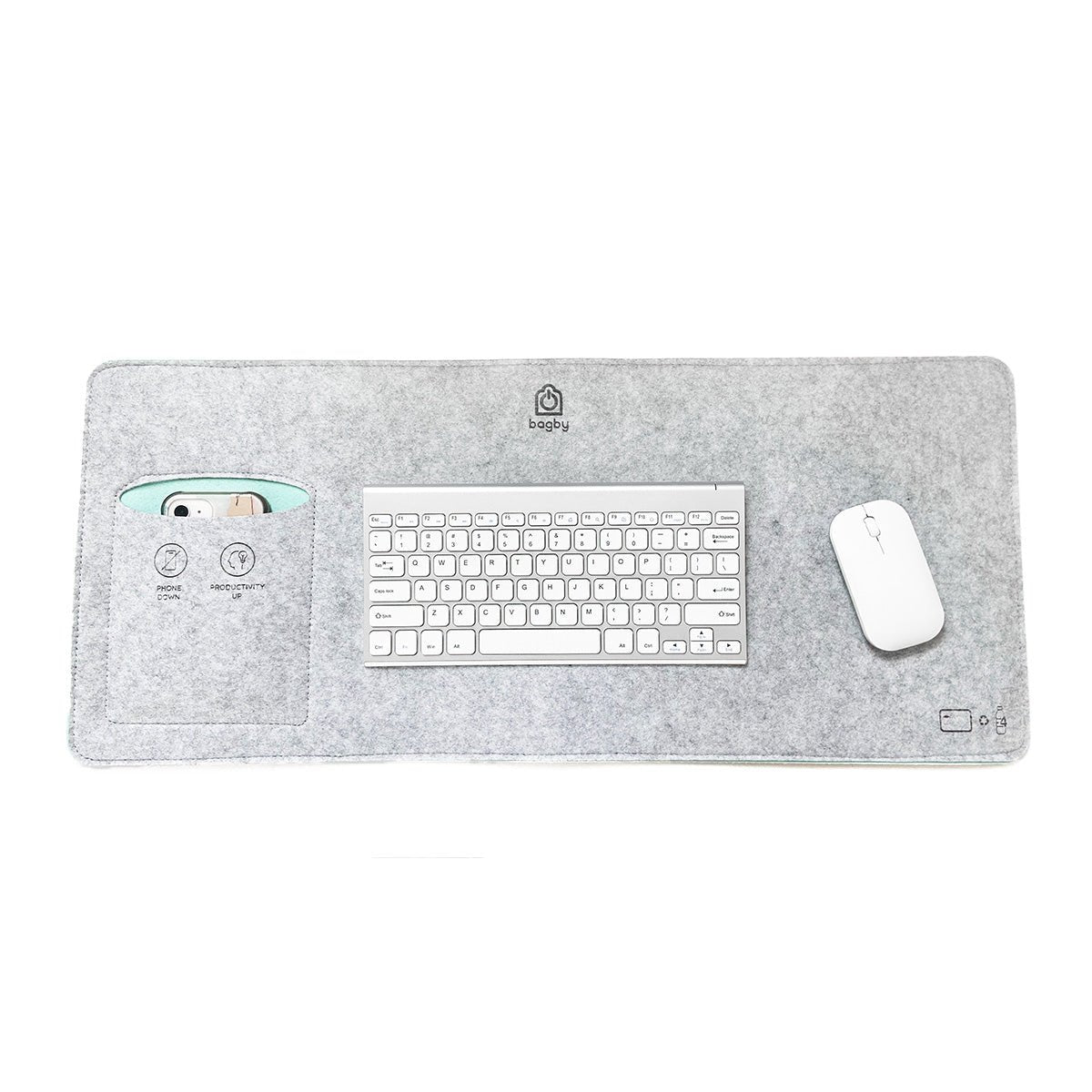 Bagby MAT gray and mint felt desk pad with phone pocket, keyboard and mouse shown for scale