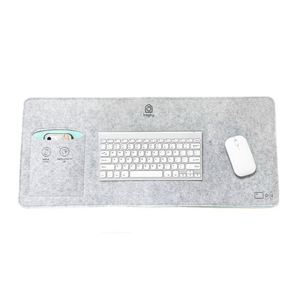 Bagby MAT gray and mint felt desk pad with phone pocket, keyboard and mouse shown for scale