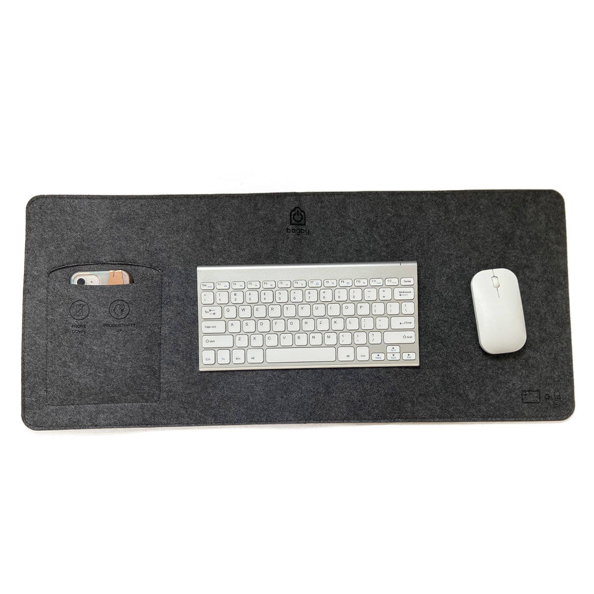 Bagby MAT charcoal felt desk pad with phone pocket, keyboard and mouse shown for scale