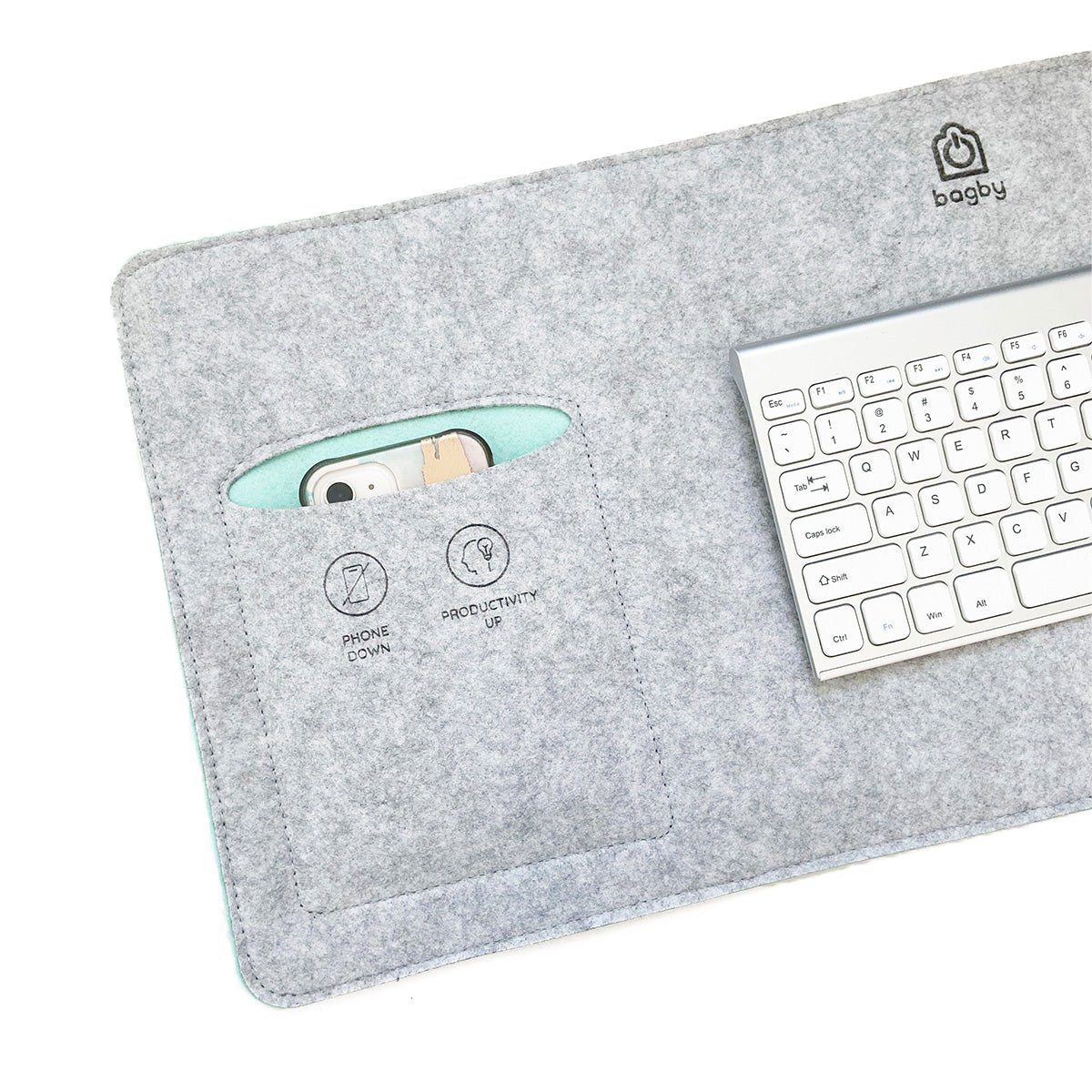 Close view of the Bagby MAT phone pocket in gray felt with mint lining