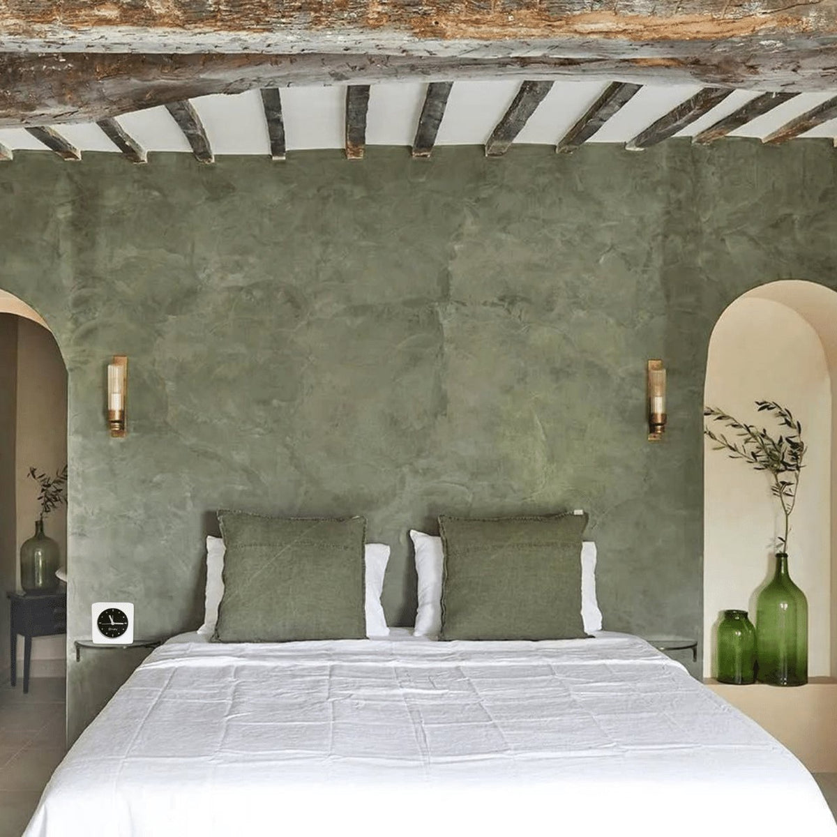 Bagby MINIMALIST clock shown in a styled bedroom
